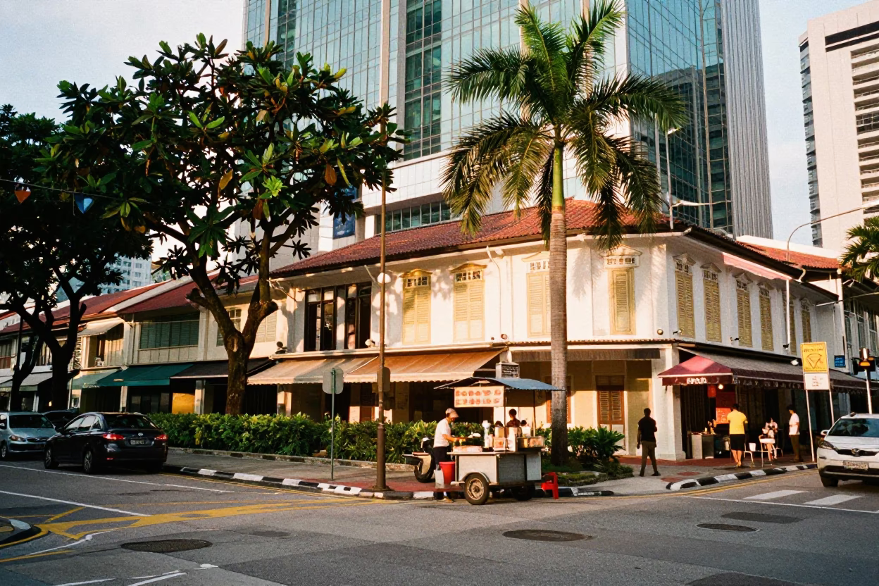 Honeyed Evening Light in Singapore Street Scene with Local Food and Architecture in in Singapore, Singapore