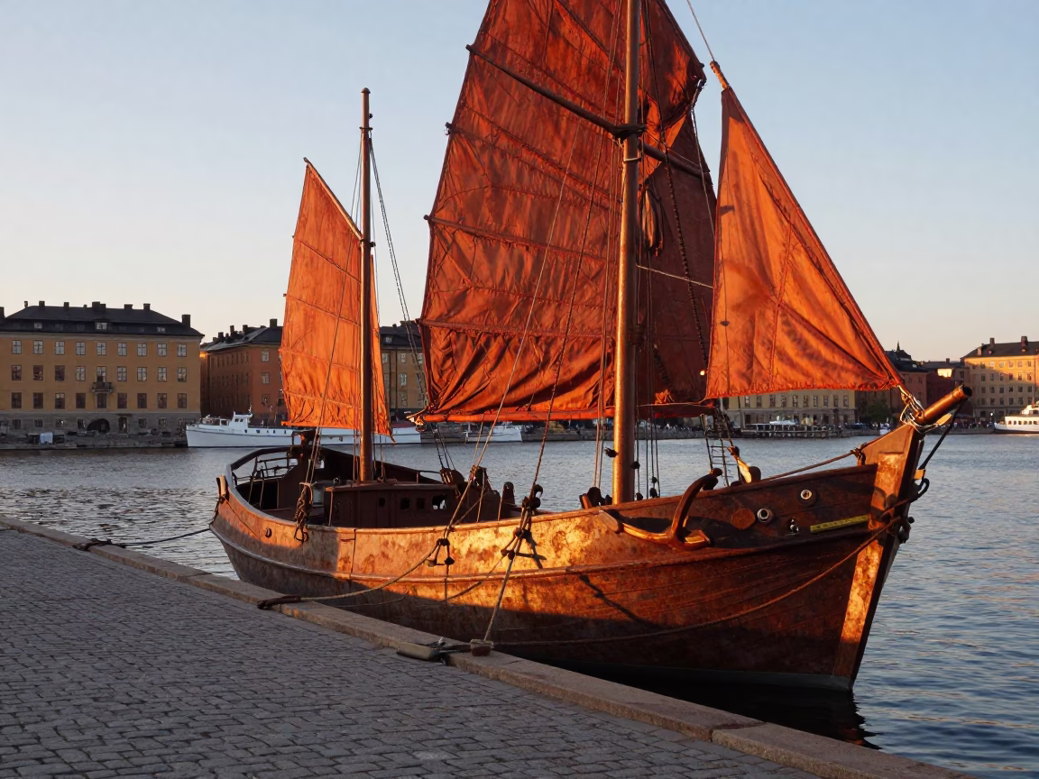 Honeyed Evening Light in Stockholm Sweden Captures Rusty Junk Boat Anchored Near Historic Waterfront in in Stockholm, Sweden
