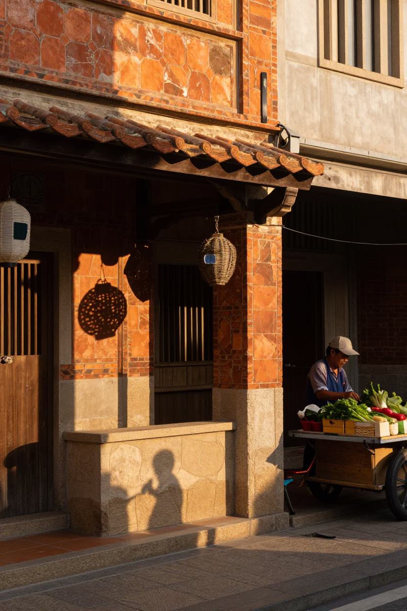 Honeyed Evening Light in Tainan Taiwan Street Scene with Wicker Shadow in in Tainan, Taiwan