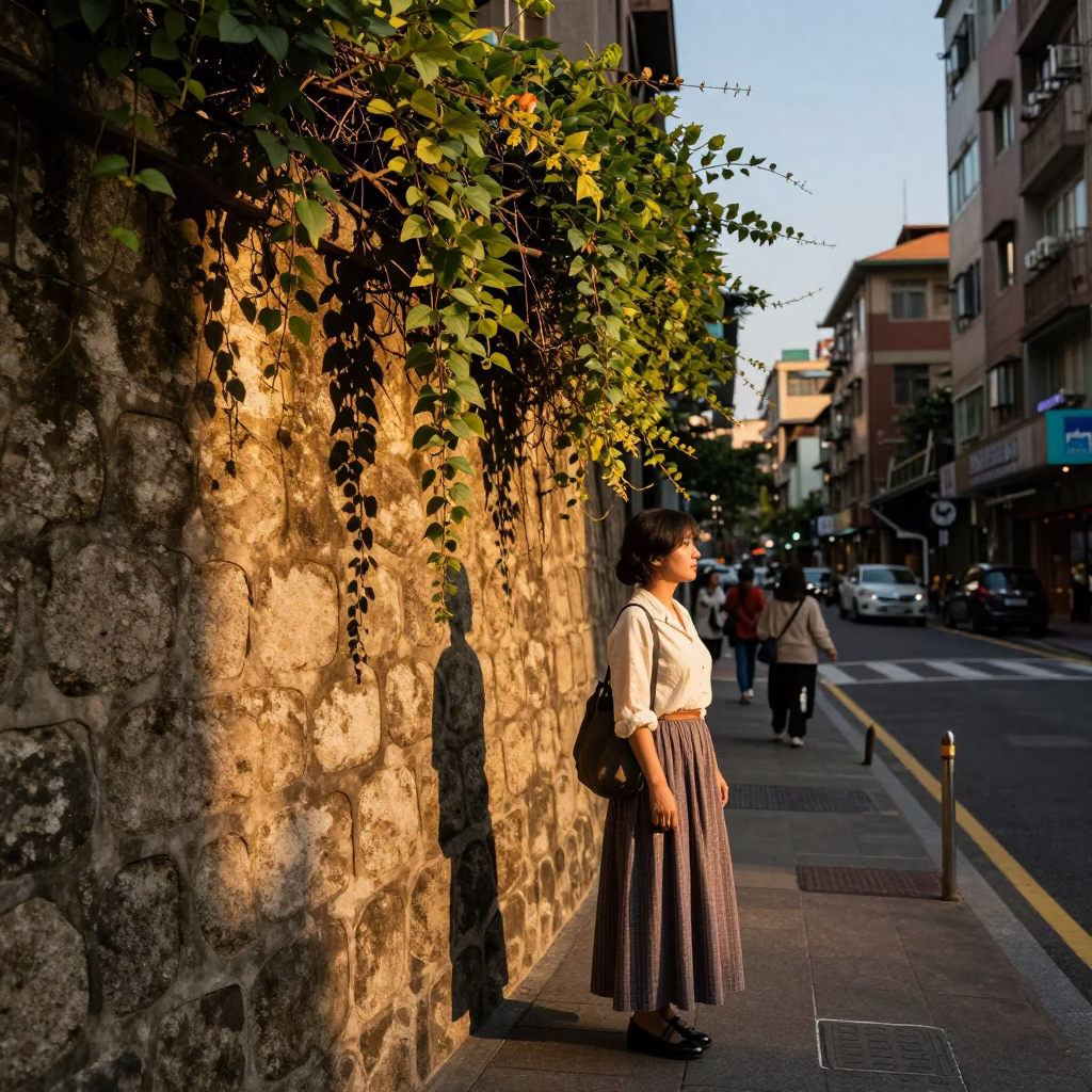 Honeyed Evening Light in Taipei Taiwan Street Scene with Stone Wall and Vine in in Taipei, Taiwan