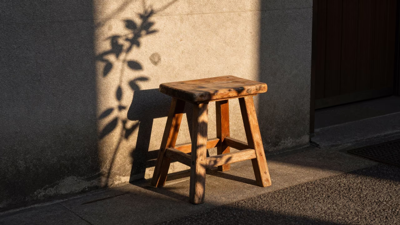 Honeyed Evening Light in Tokyo Alleyway Stool and Leaf Shadows in in Tokyo, Japan