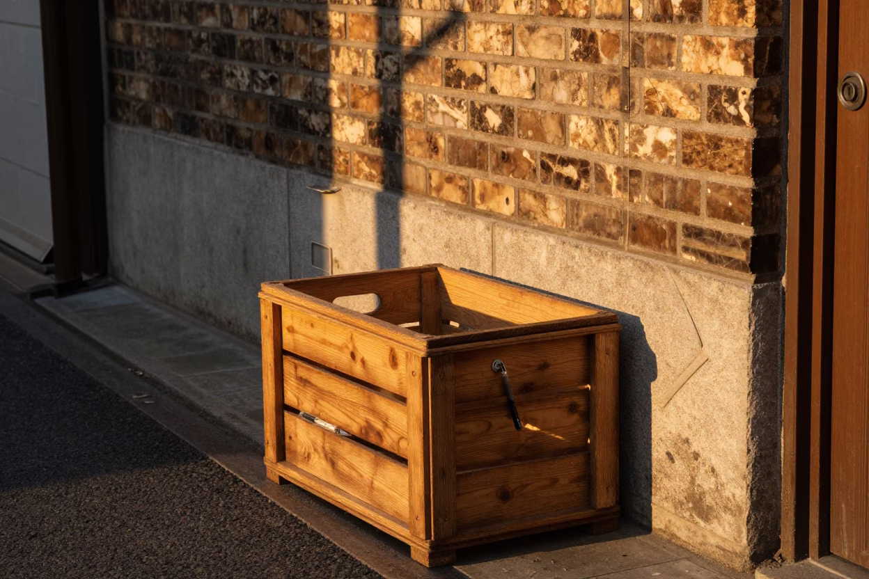 Honeyed Evening Light in Tokyo Street Scene with Crate and Dip Pen in in Tokyo, Japan