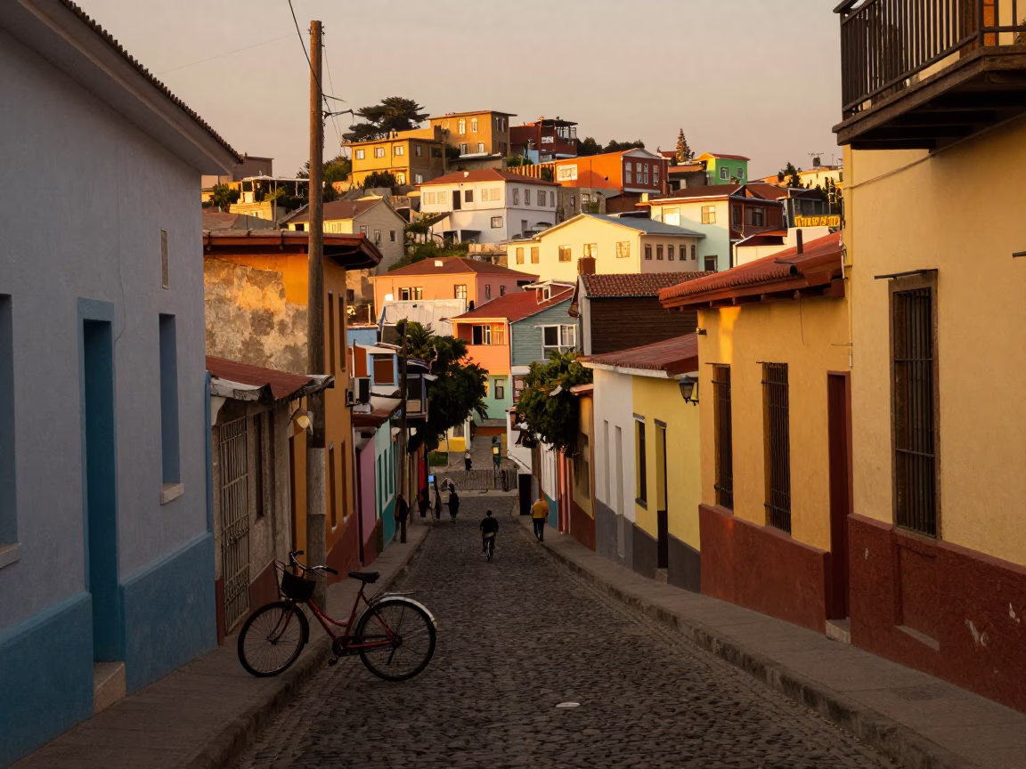 Honeyed Evening Light in Valparaiso Chile Street Scene with Bicycle and Apricots in in Valparaiso, Chile