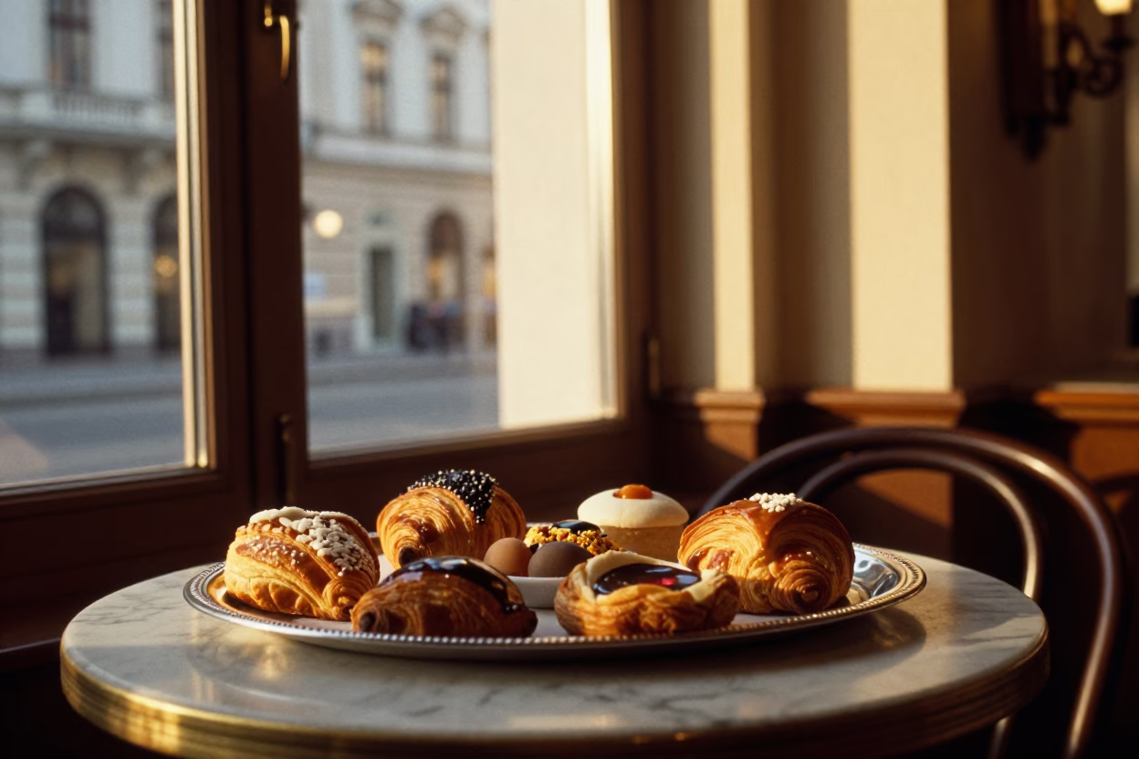Honeyed Evening Light in Vienna Austria Pastries on Cafe Table in in Vienna, Austria