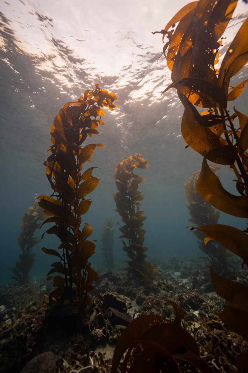 Honeyed Evening Light Through Kelp Forest Canopy in above a cold-water reef edge in Kerala