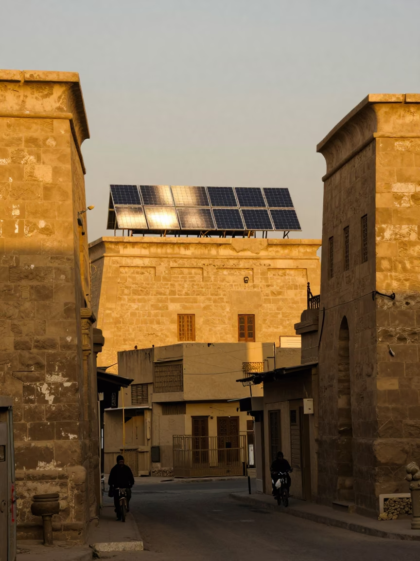 Honeyed Evening Light Luxor Egypt Street Scene with Solar Array and Traditional Architecture in in Luxor, Egypt