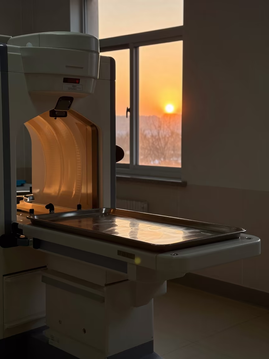Honeyed Evening Light on Medical Tray in inside a hospital corridor near Tianjin