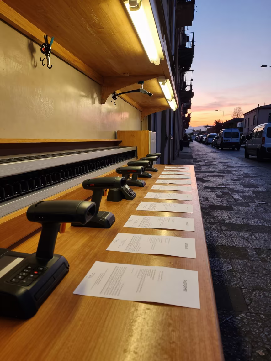 Honeyed Evening Light at Naples Delivery Depot in at a parcel sorting belt in Vomero, Naples