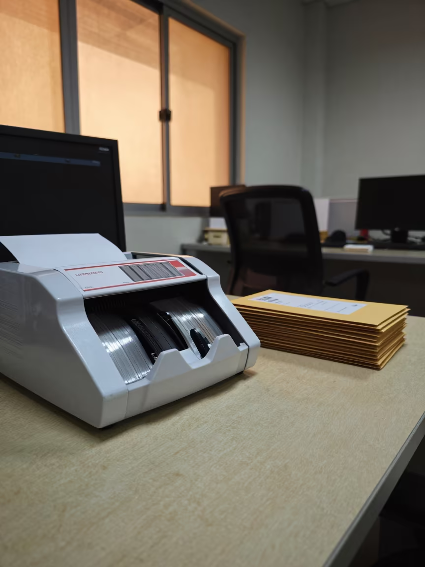 Honeyed Evening Light on Office Postal Meter in inside an open-plan office bay near Bangalore