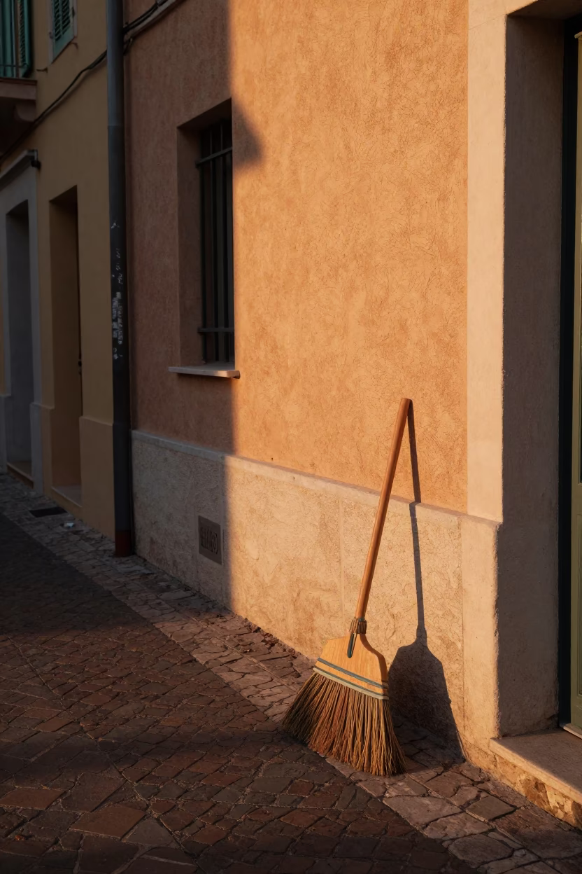 Honeyed Evening Light on a Cobblestone Street in Nice France with Brooms in in Nice, France