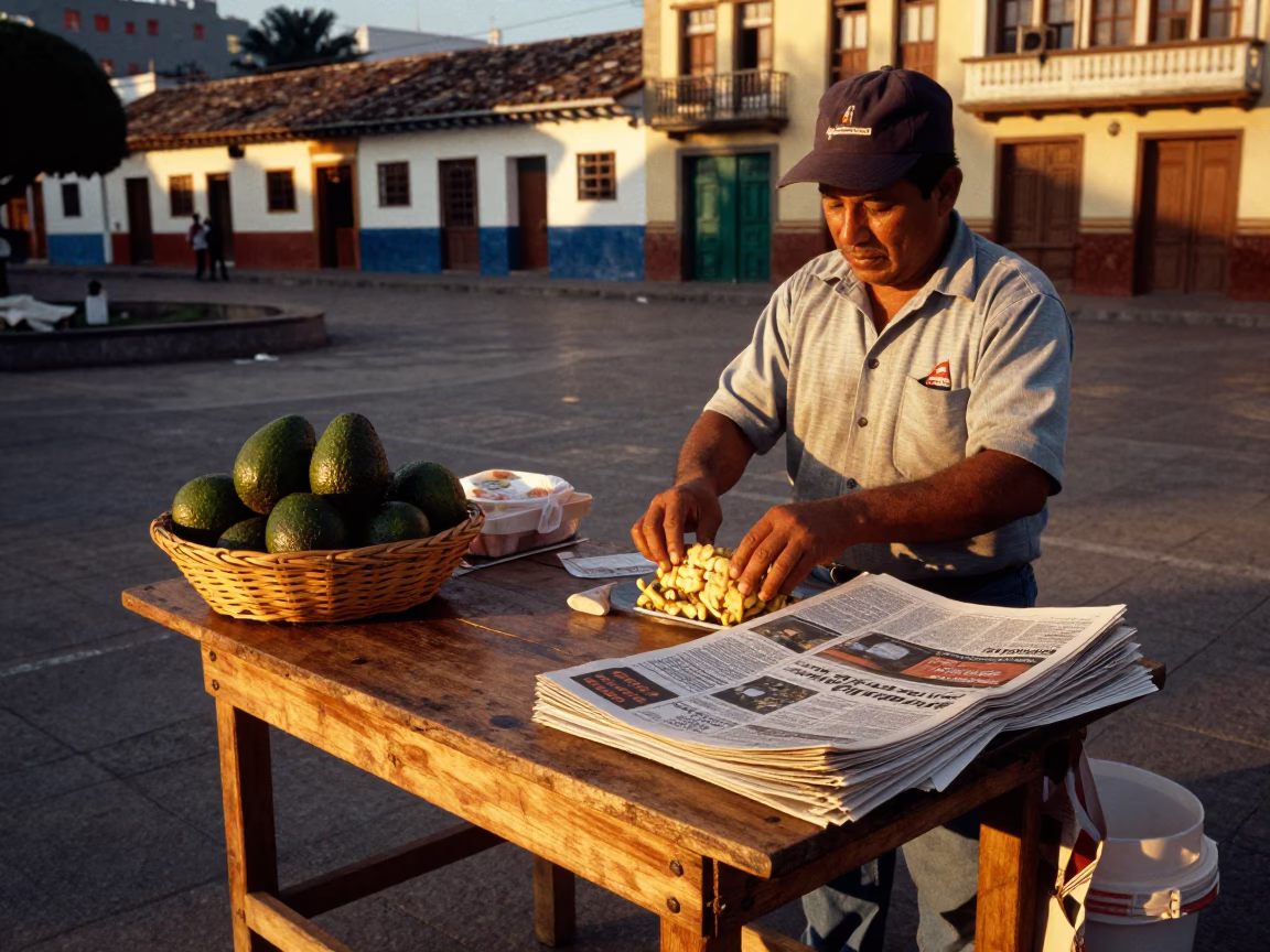 Honeyed Evening Light on a Street Vendor's Table with Avocados in Medellin Colombia in in Medellin, Colombia