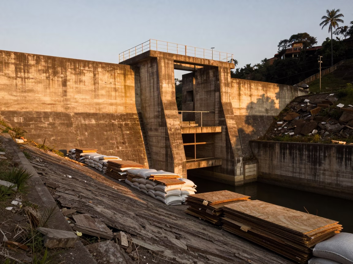 Honeyed Evening Light on Abandoned Dam and Narrow Gauge Train in Medellin Colombia in in Medellin, Colombia