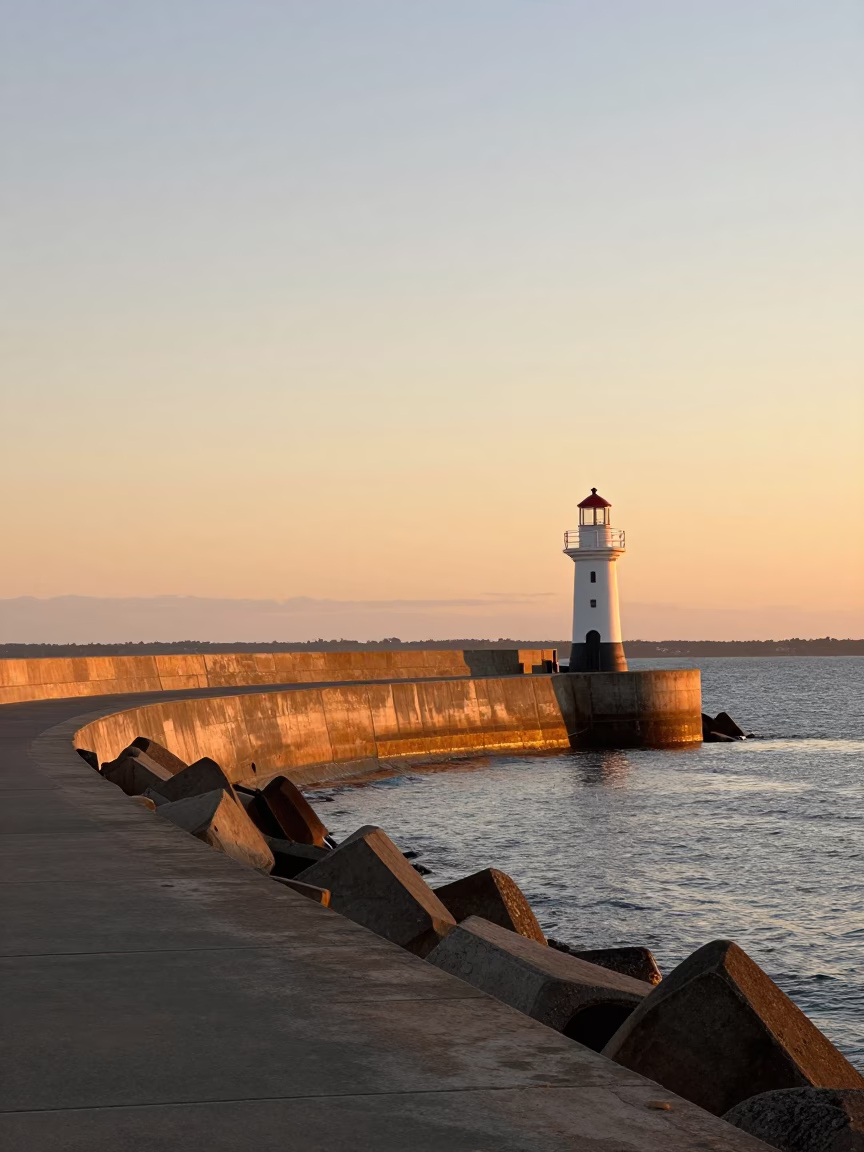 Honeyed Evening Light on Adelaide Breakwater and Harbor Beacon in in Adelaide, South Australia, Australia