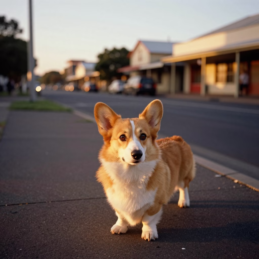 Honeyed Evening Light on Adelaide Street with Corgi and Garden Gate in in Adelaide, South Australia, Australia