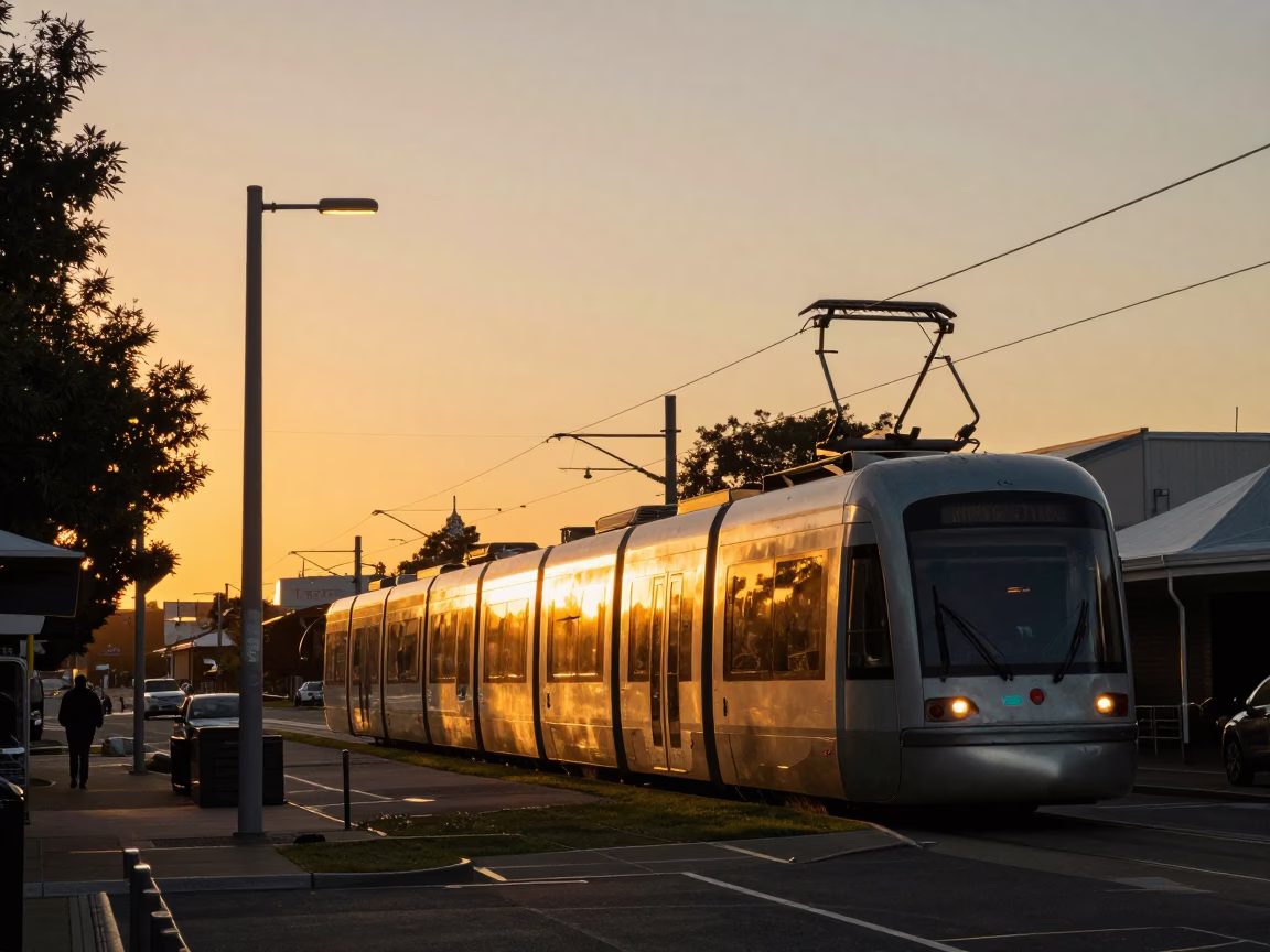 Honeyed Evening Light on Adelaide Street with Monorail and Cypress Trees in in Adelaide, South Australia, Australia