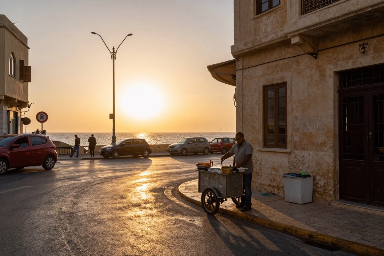 Honeyed Evening Light on Alexandria Egypt Street Scene with Kitchen Utensil in in Alexandria, Egypt