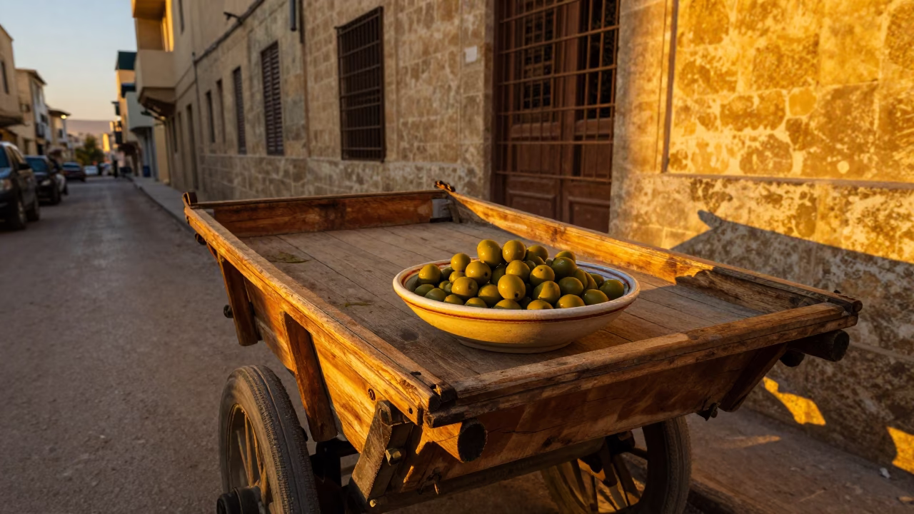 Honeyed Evening Light on Alexandria Street with Olive Dish and Storage Tin in in Alexandria, Egypt