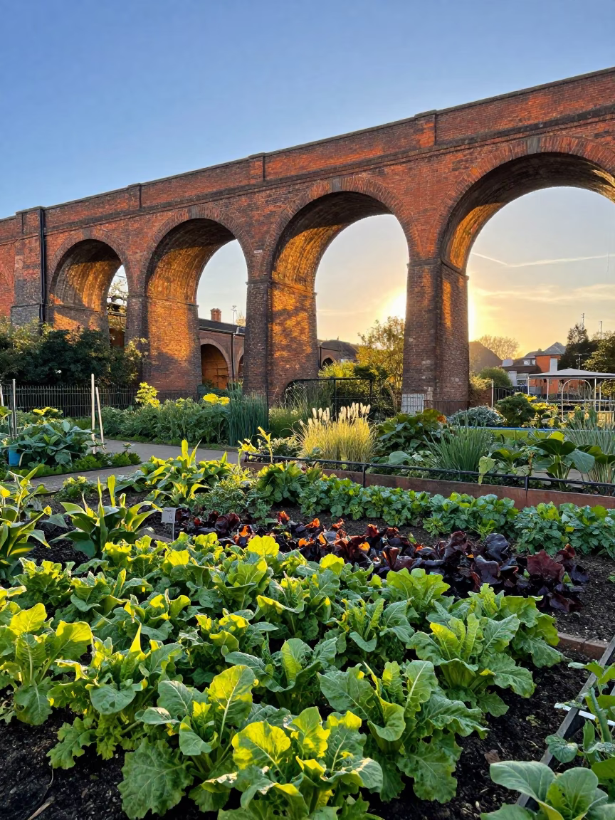 Honeyed Evening Light on Allotment Gardens in Liverpool in in Liverpool, United Kingdom