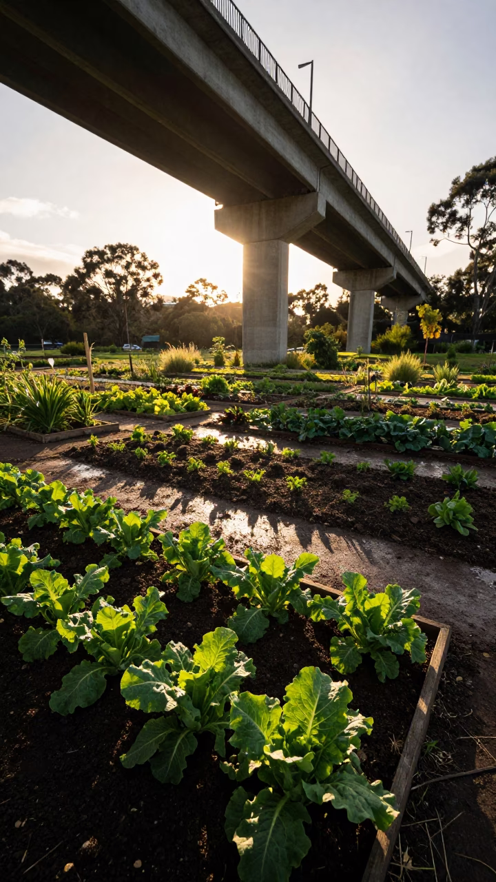 Honeyed Evening Light on Allotment Gardens in Melbourne in in Melbourne, Victoria, Australia