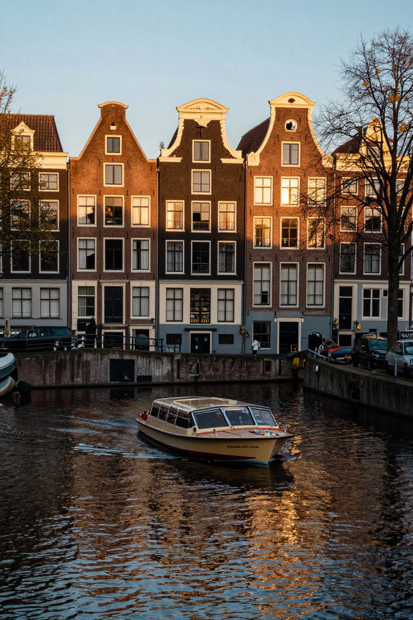 Honeyed Evening Light on Amsterdam Canal with Water Taxi and Traditional Brick Architecture in in Amsterdam, Netherlands