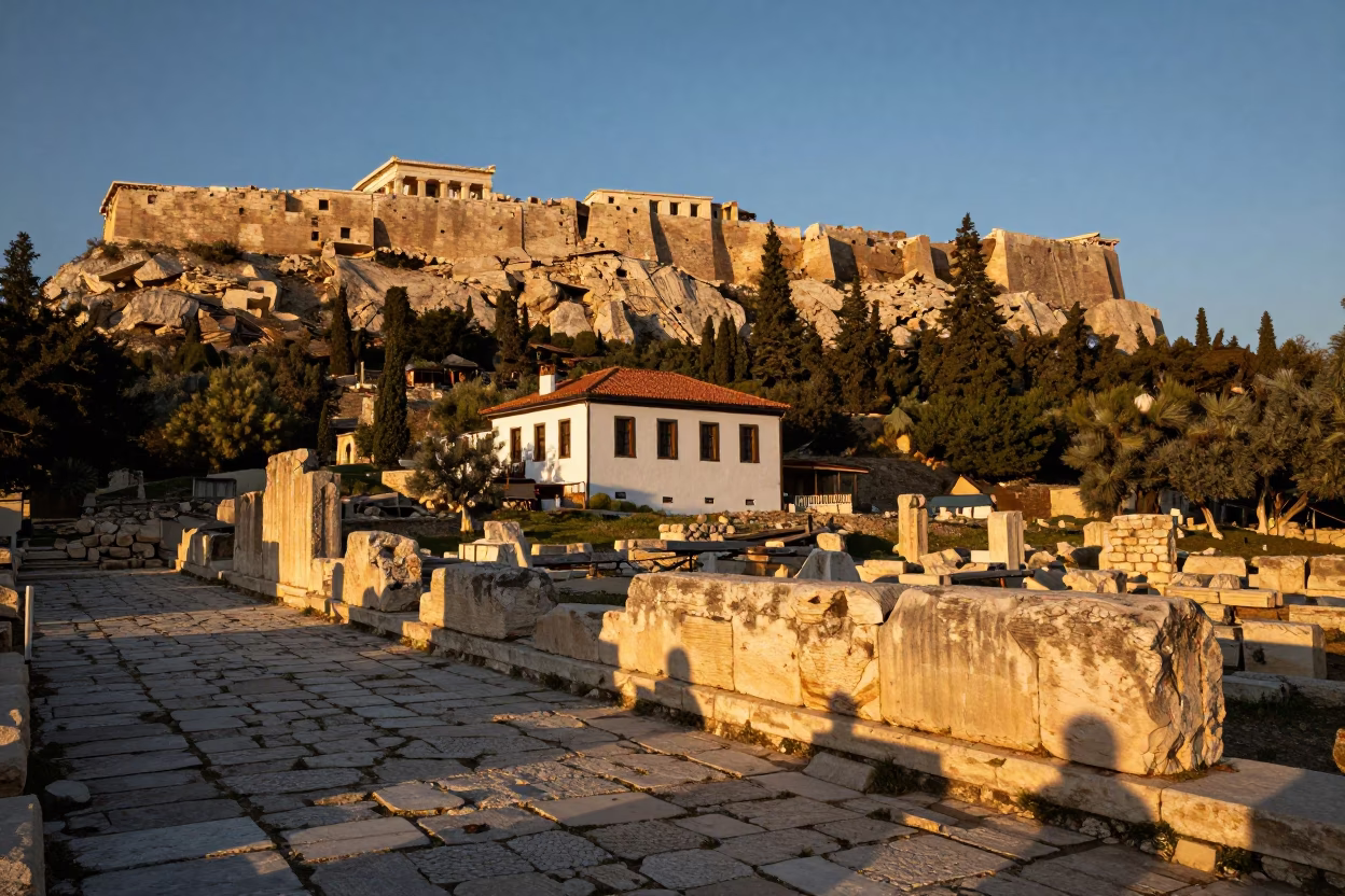 Honeyed Evening Light on Ancient Athens Ruins with Cobblestone Streets and Local Life in in Athens, Greece