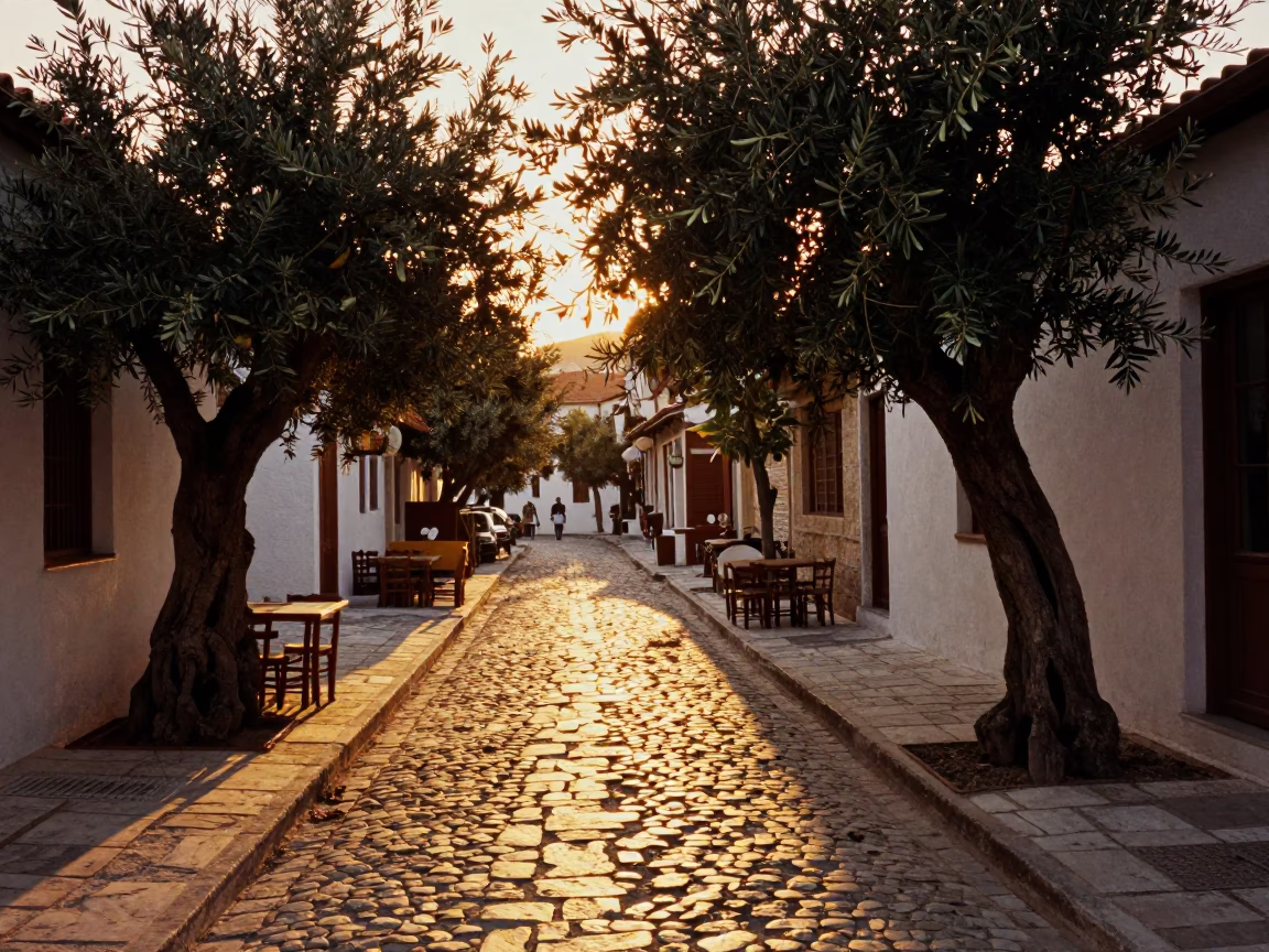 Honeyed Evening Light on Athens Plaka Cobblestones with Olive Trees and Traditional Taverna Exterior in in Athens, Greece
