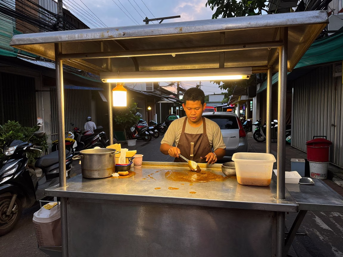 Honeyed Evening Light on Bangkok Street Food Vendor with Grease Sheen and Hummus Spread in in Bangkok, Thailand