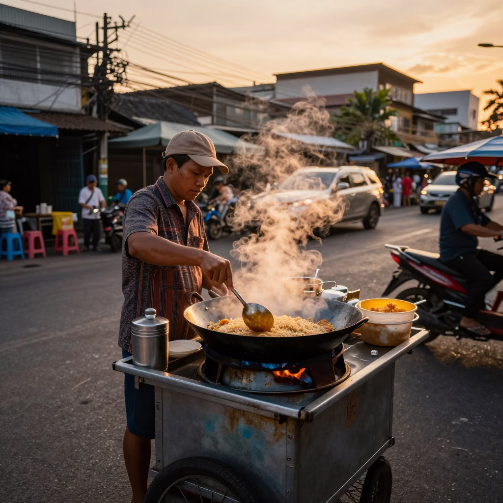 Honeyed Evening Light on Bangkok Street Vendor Cooking Pad Thai with Woks and Steam in in Bangkok, Thailand