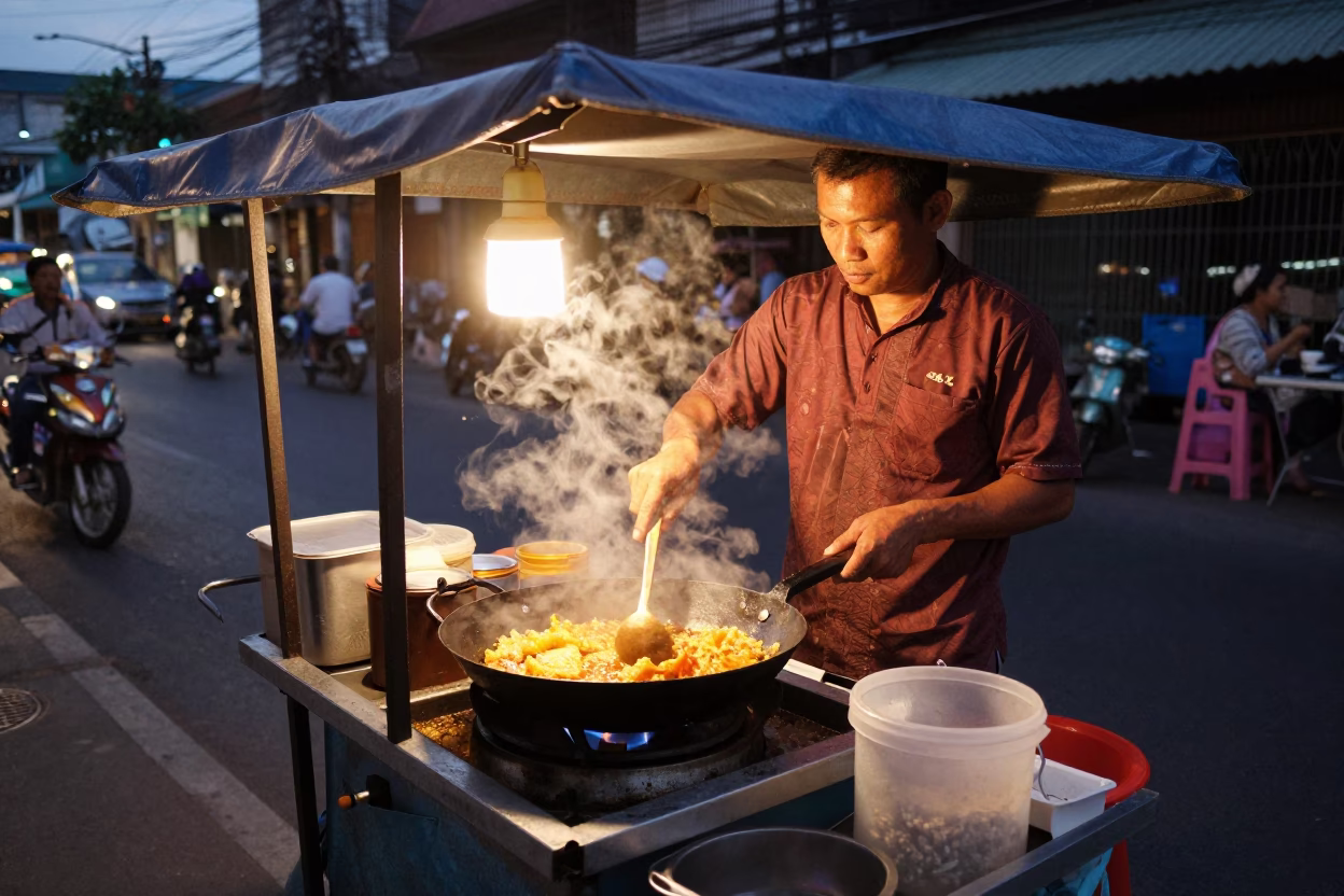 Honeyed Evening Light on Bangkok Street Vendor with Skillet and Fresh Bread in in Bangkok, Thailand