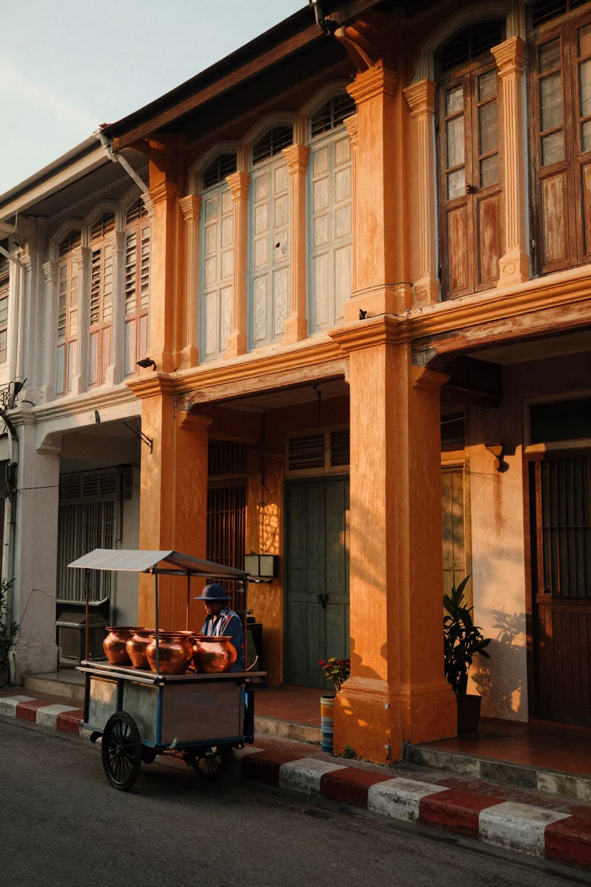 Honeyed Evening Light on Bangkok Street with Copper Pots and Glass Jars in in Bangkok, Thailand