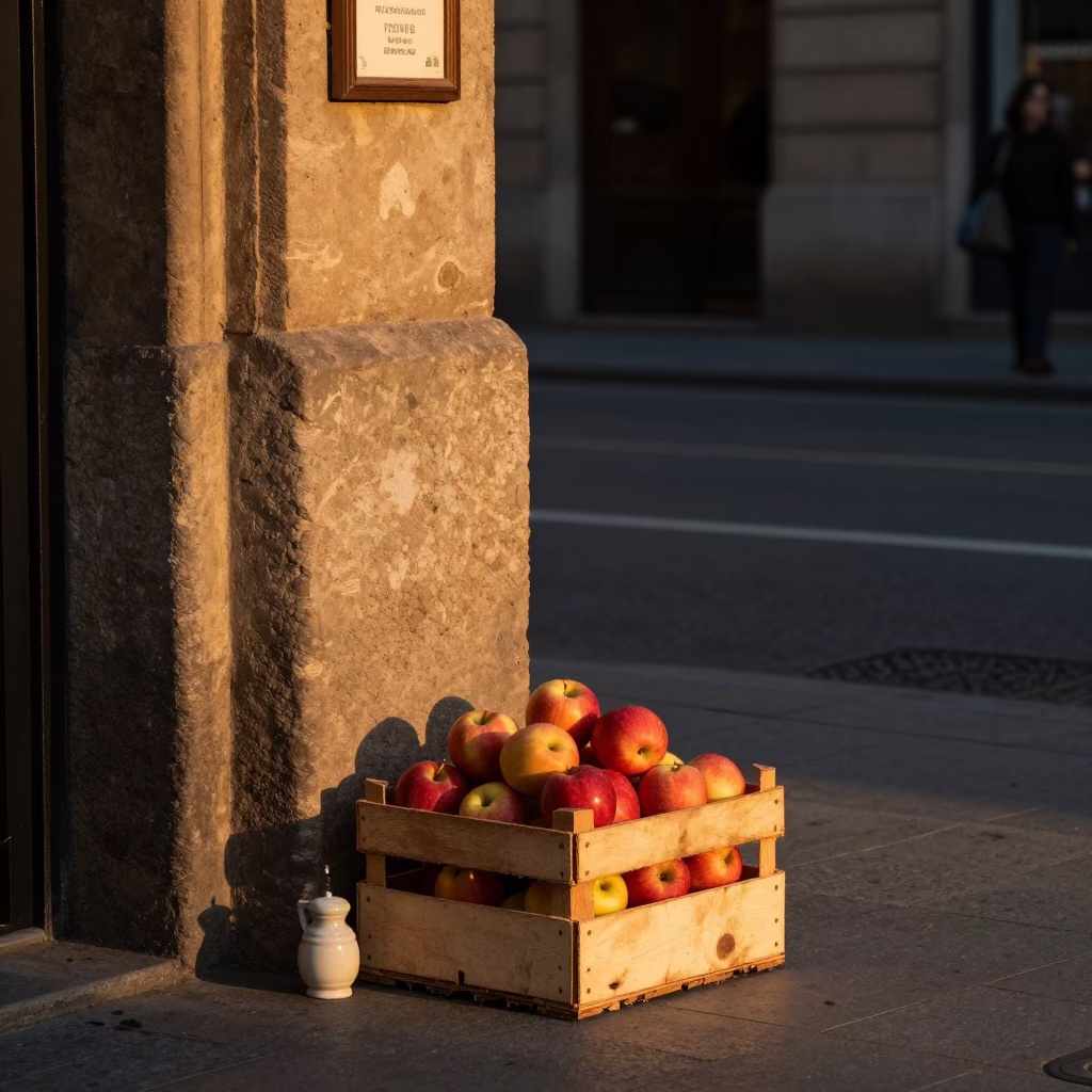 Honeyed Evening Light on Barcelona Street Corner with Apples and Salt Cellar in in Barcelona, Spain