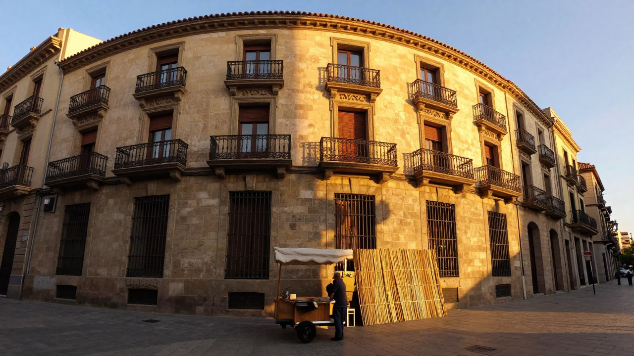 Honeyed Evening Light on Barcelona Street with Folded Bamboo Parasol and Cherry Blossoms in in Barcelona, Spain