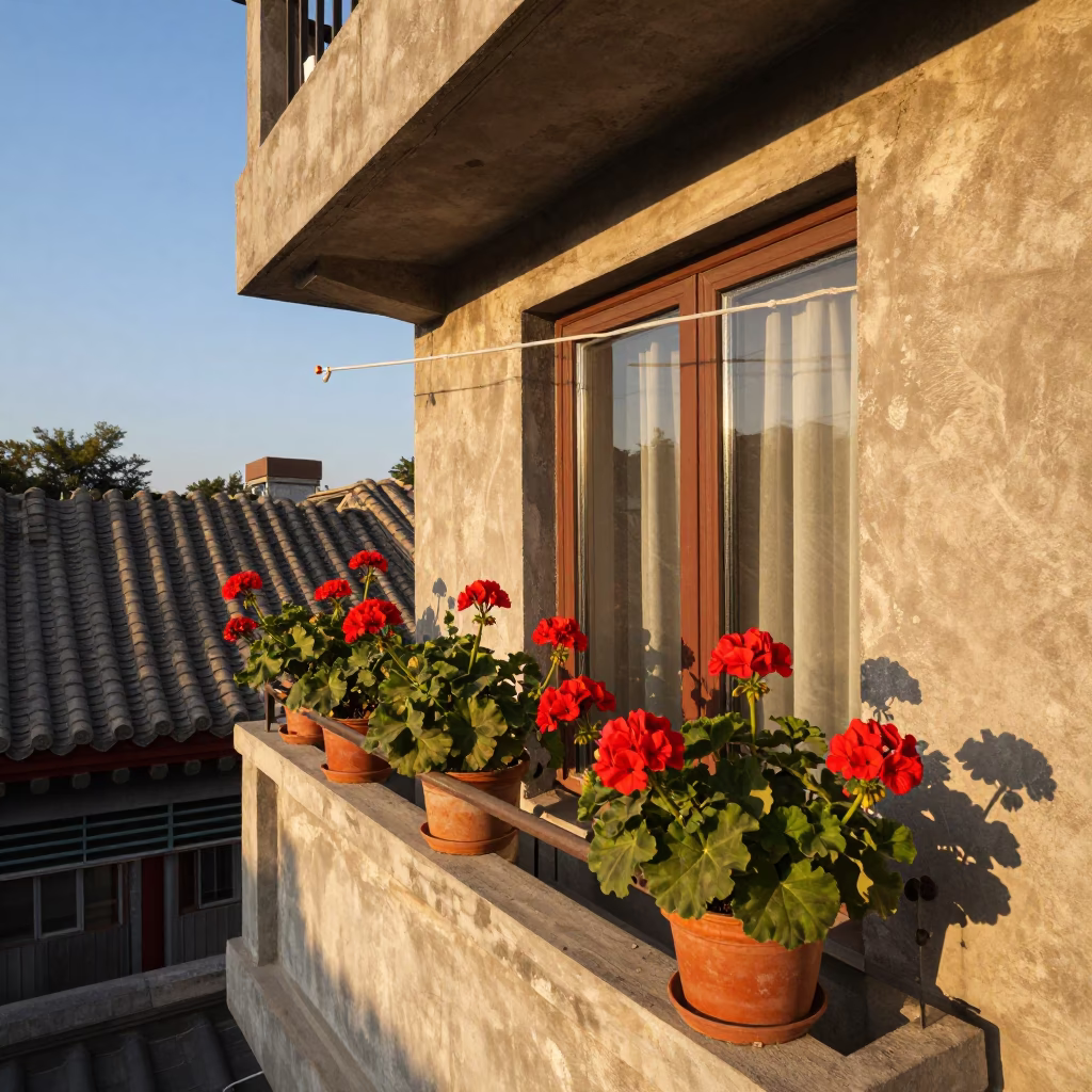 Honeyed Evening Light on Beijing Balcony with Geraniums and Hanging Laundry in in Beijing, China