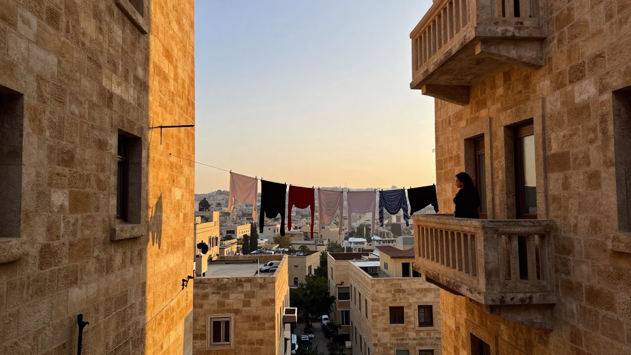 Honeyed Evening Light on Beirut Balcony with Clothesline and Urban Skyline View in in Beirut, Lebanon