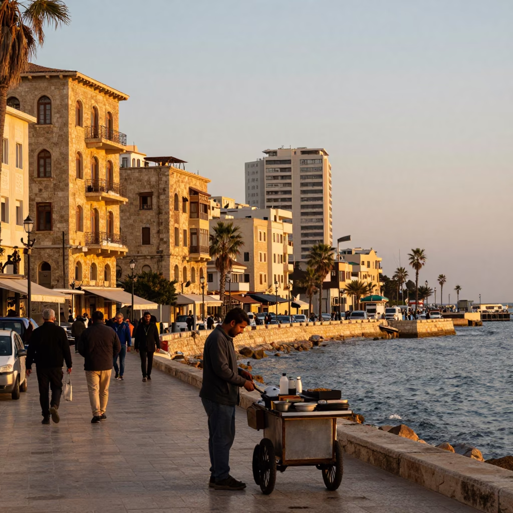 Honeyed Evening Light on Beirut Corniche Street Scene with Traditional Food in in Beirut, Lebanon