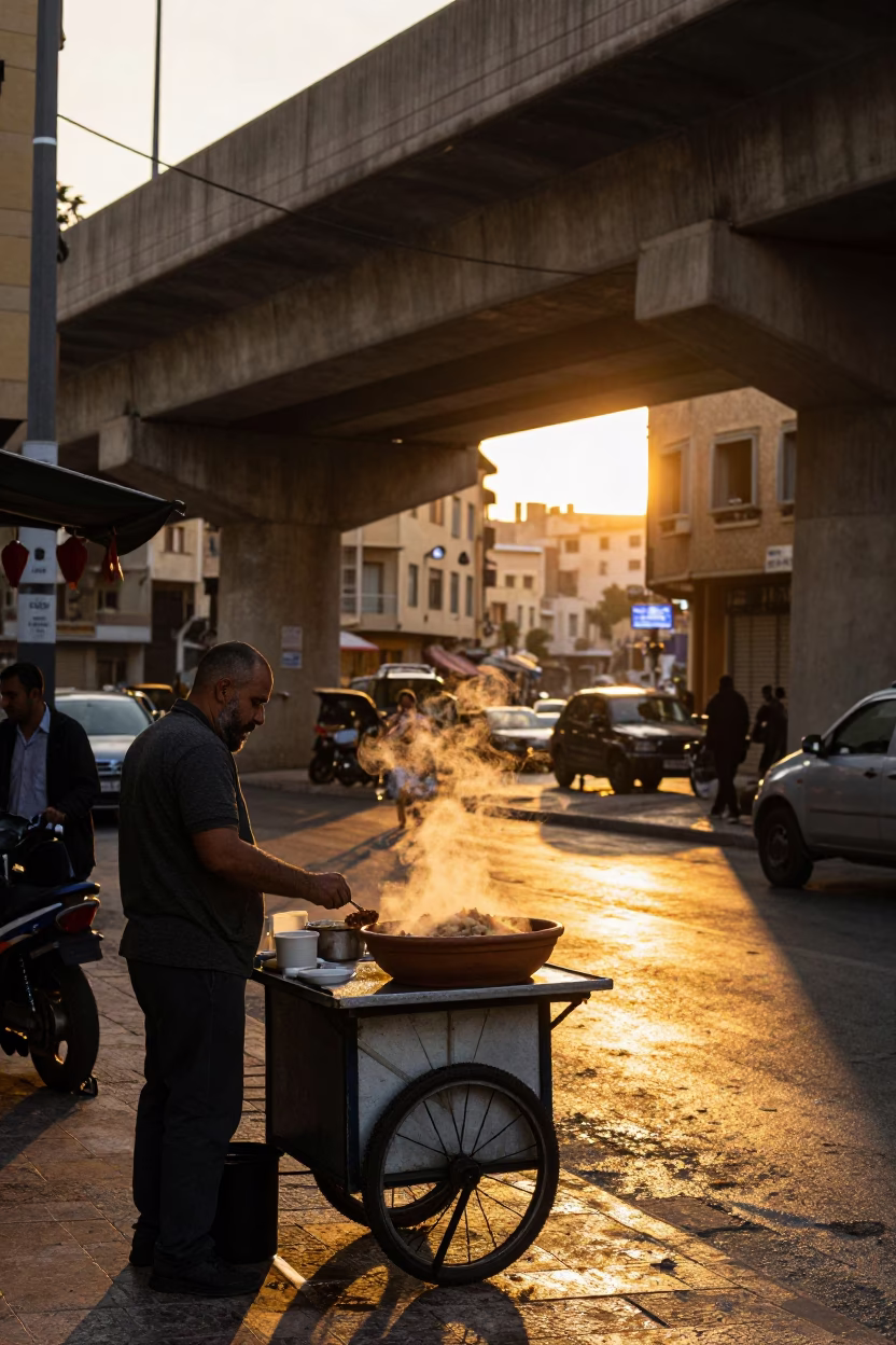 Honeyed Evening Light on Beirut Street Corner with Condensation and Local Interaction in in Beirut, Lebanon