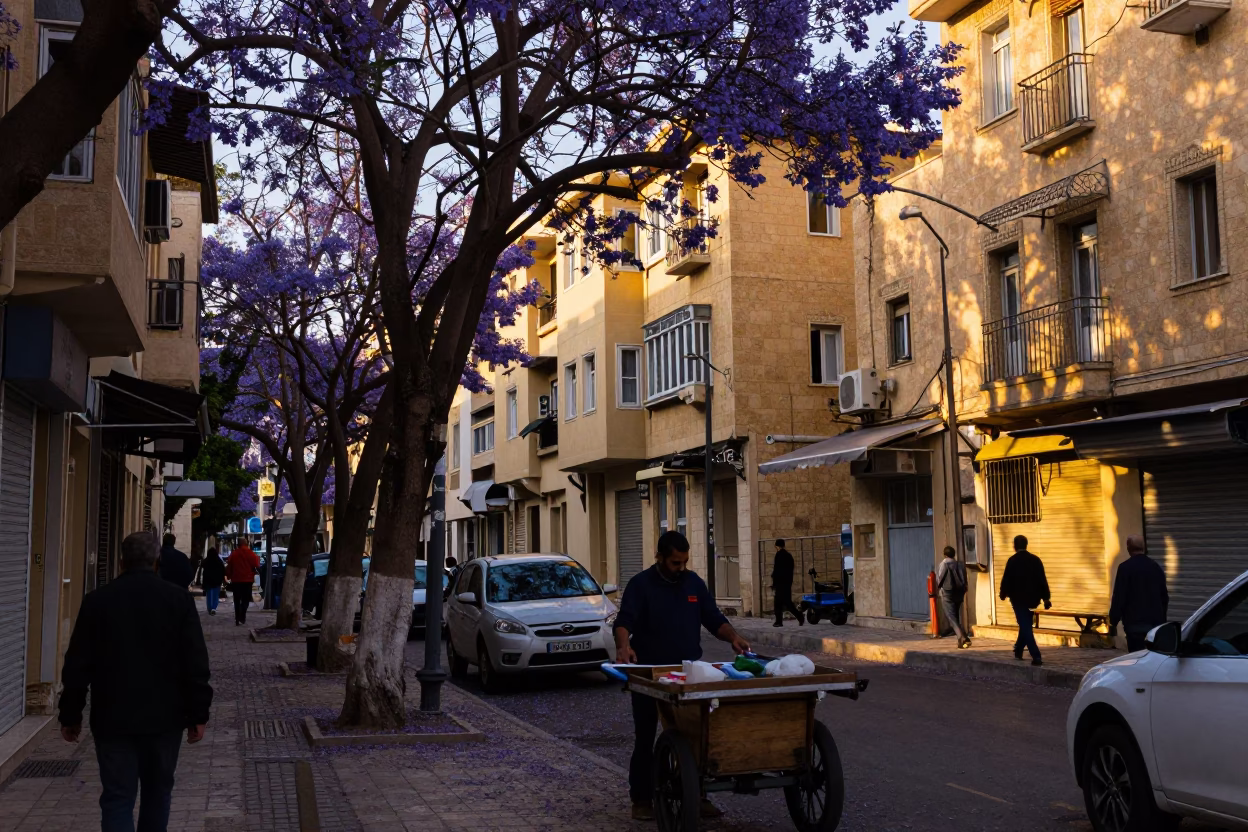 Honeyed Evening Light on Beirut Street with Purple Jacaranda Bloom and Local Vendor Scene in in Beirut, Lebanon