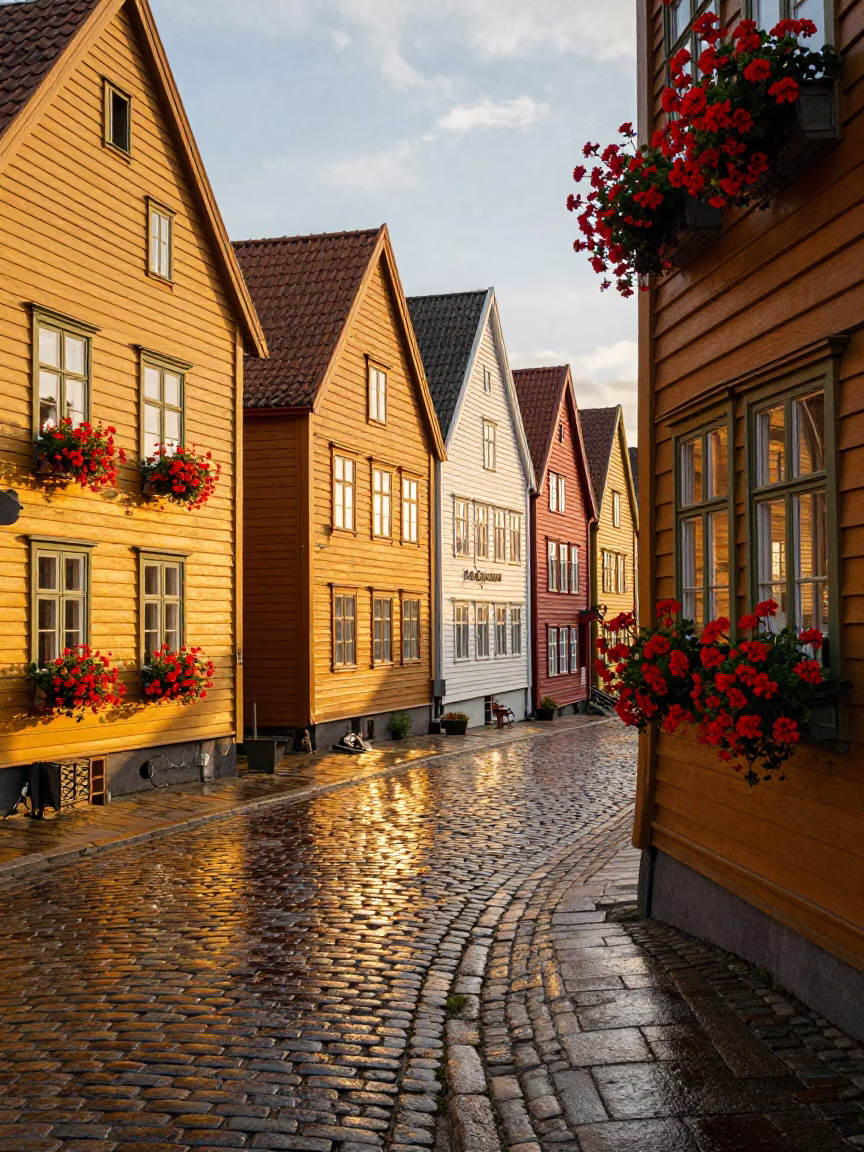 Honeyed Evening Light on Bergen Norway Cobblestone Street with Geraniums and Railway Viaduct in in Bergen, Norway