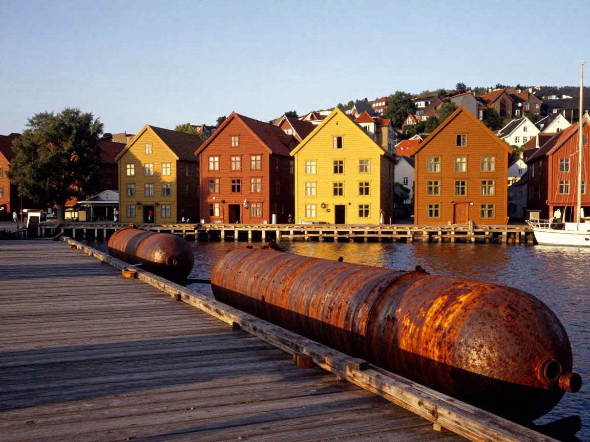 Honeyed Evening Light on Bergen Norway Wooden Wharf with Rusting Ship and Local Life in in Bergen, Norway