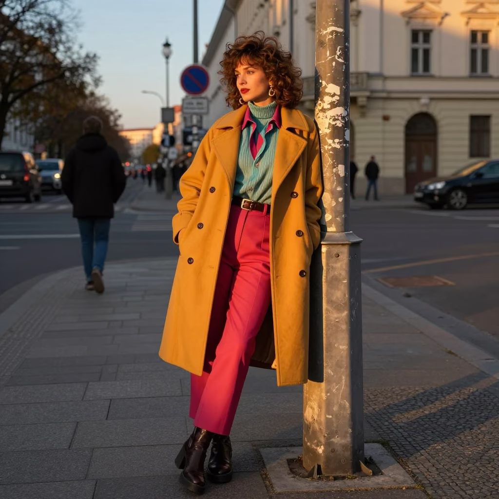 Honeyed Evening Light on Berlin Street Fashion with Coat Stand and Beaded Sandals in in Berlin, Germany