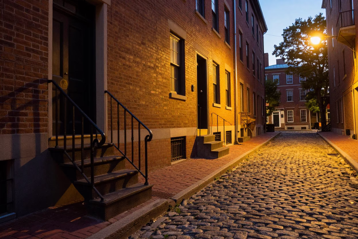 Honeyed Evening Light on Boston Cobblestone Street with Iron Stair Rail and City Skyline in in Boston, Massachusetts, United States