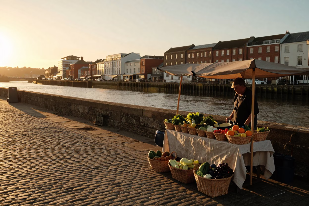 Honeyed Evening Light on Bristol Harbourside with Woven Market Baskets and Aerial Tramway in in Bristol, United Kingdom
