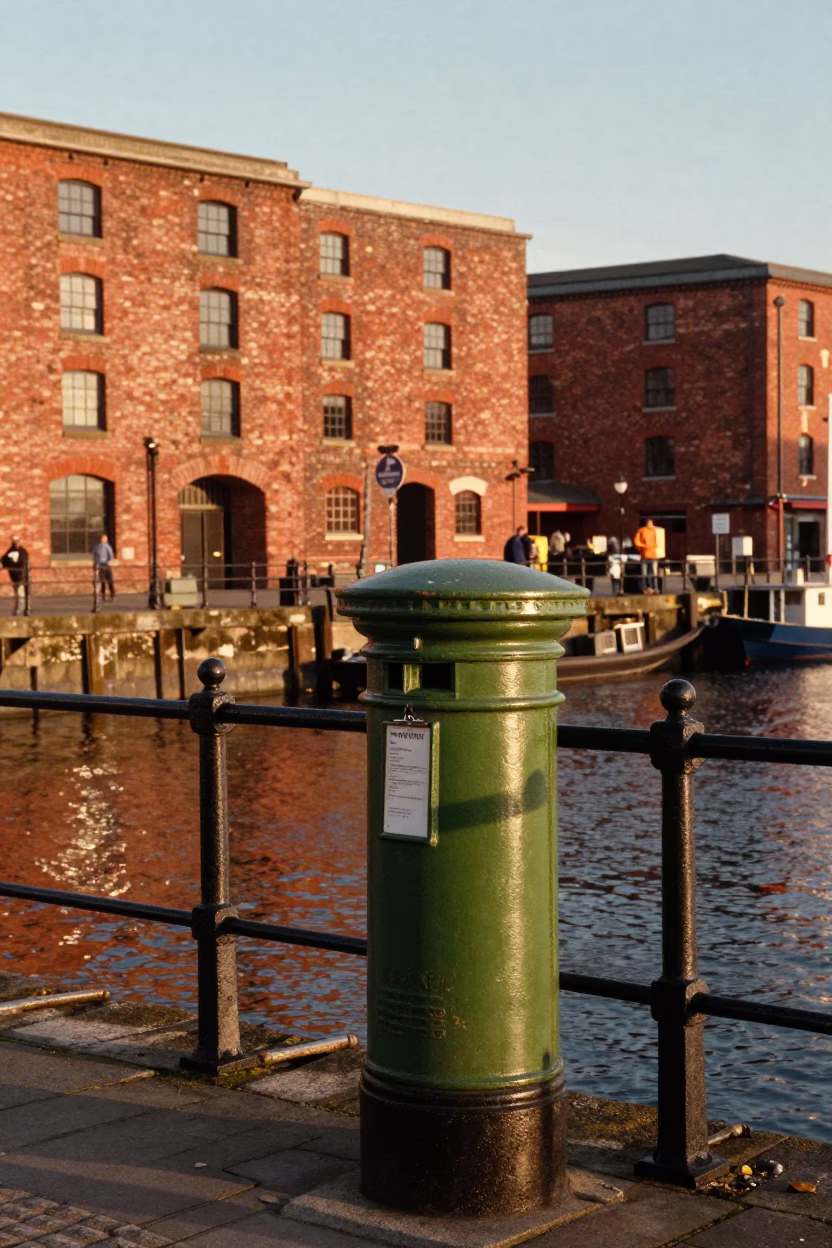 Honeyed Evening Light on Bristol Quayside with Clipboard and Mailbox in in Bristol, United Kingdom
