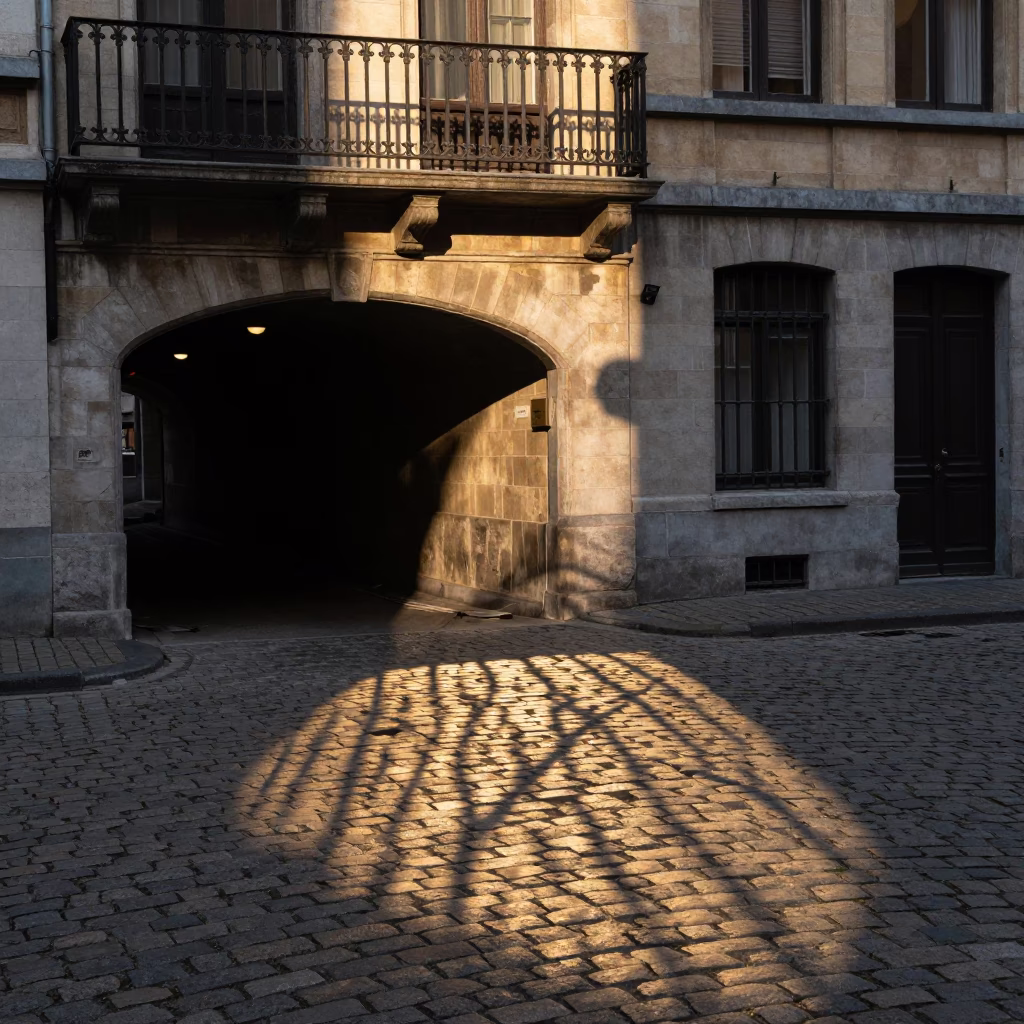 Honeyed Evening Light on Brussels Cobblestones with Wicker Shadow and Tunnel Wall in in Brussels, Belgium