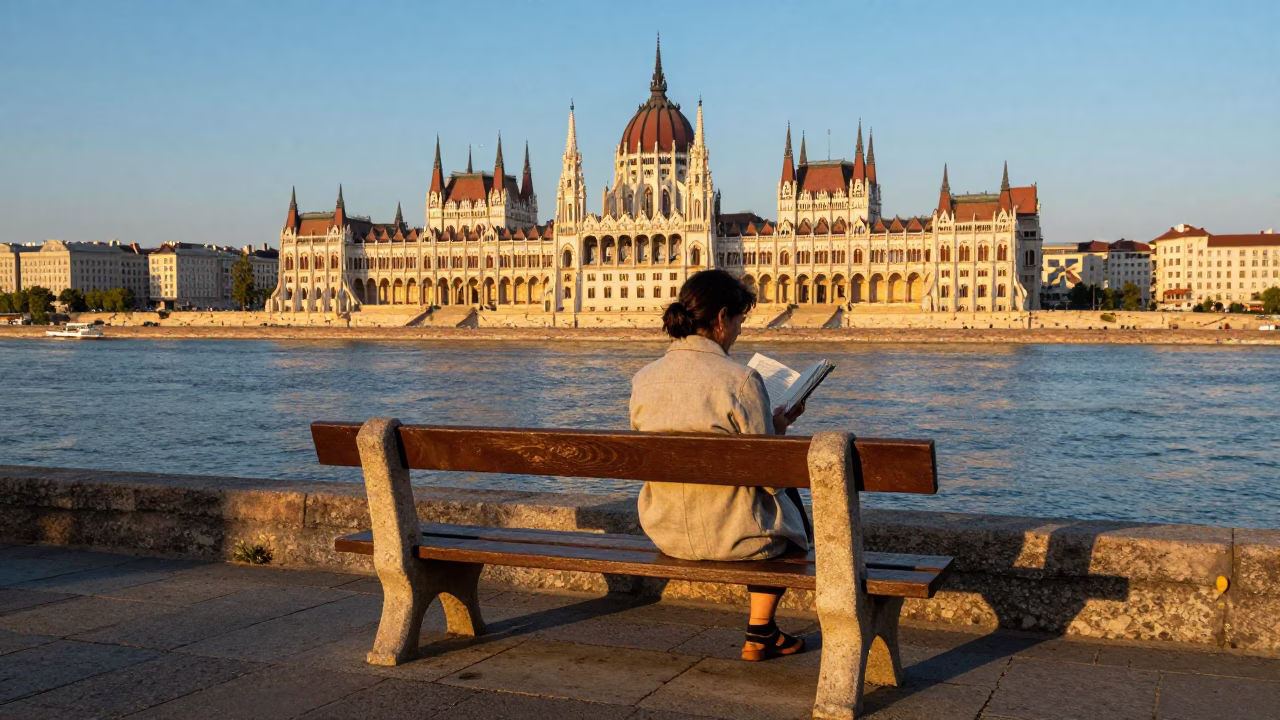 Honeyed Evening Light on Budapest Danube Promenade with Blue Porcelain Jar in in Budapest, Hungary