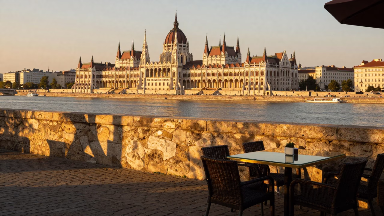 Honeyed Evening Light on Budapest Danube Promenade with Clear Glass Countertop and Cake Knife in in Budapest, Hungary