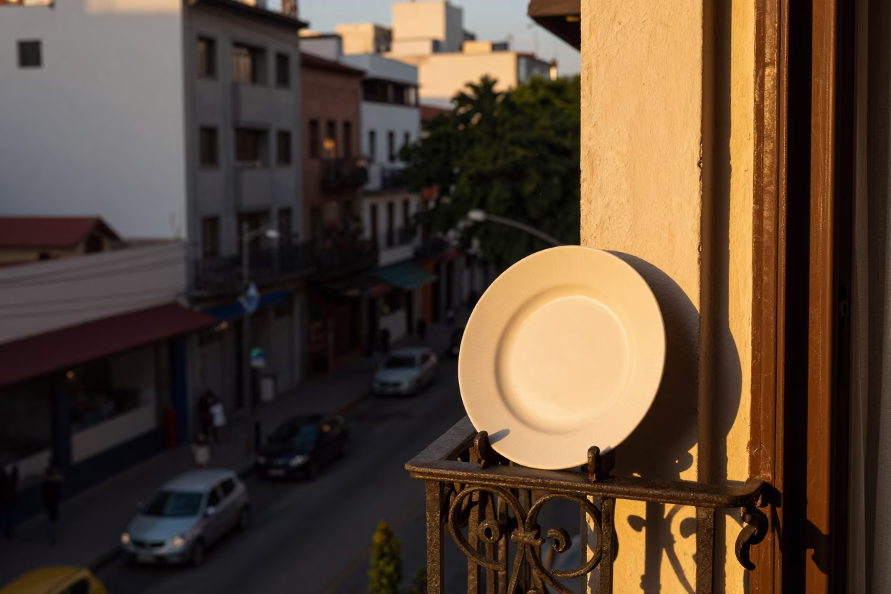 Honeyed Evening Light on Buenos Aires Balcony with Ceramic Plate and Brushed Steel Chair in in Buenos Aires, Argentina