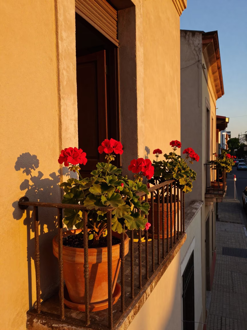 Honeyed Evening Light on Buenos Aires Balcony with Potted Geraniums and Tea Stains in in Buenos Aires, Argentina