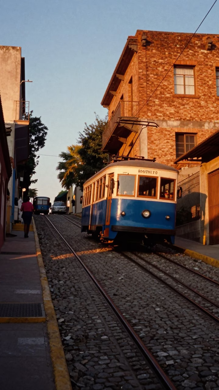Honeyed Evening Light on Buenos Aires Funicular Climbing Steep Hill with Books in Hand in in Buenos Aires, Argentina