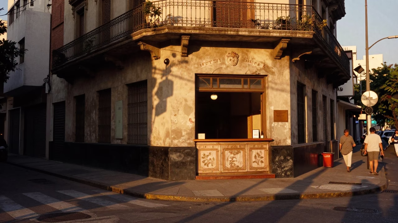 Honeyed Evening Light on Buenos Aires Street Corner with Vintage Bakelite Telephone in in Buenos Aires, Argentina